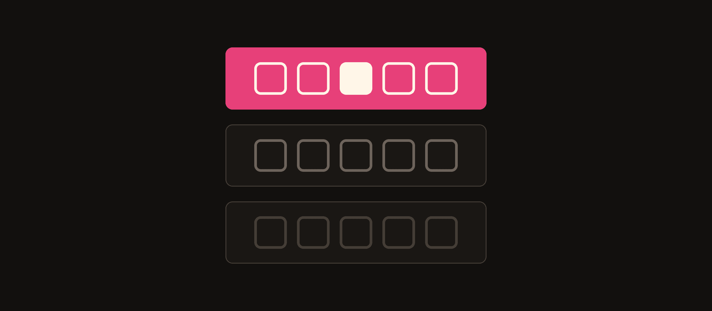 3 stacked bands, the top one hot pink and holding a row of task tiles: the 3 draft standards, one on another.